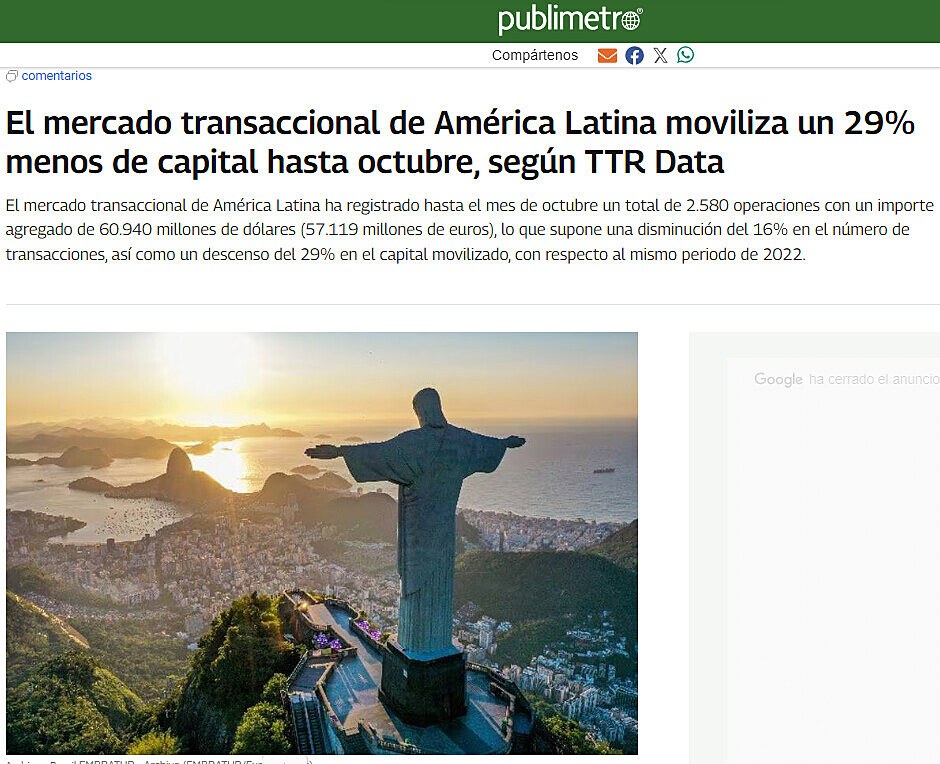 El mercado transaccional de Amrica Latina moviliza un 29% menos de capital hasta octubre, segn TTR Data